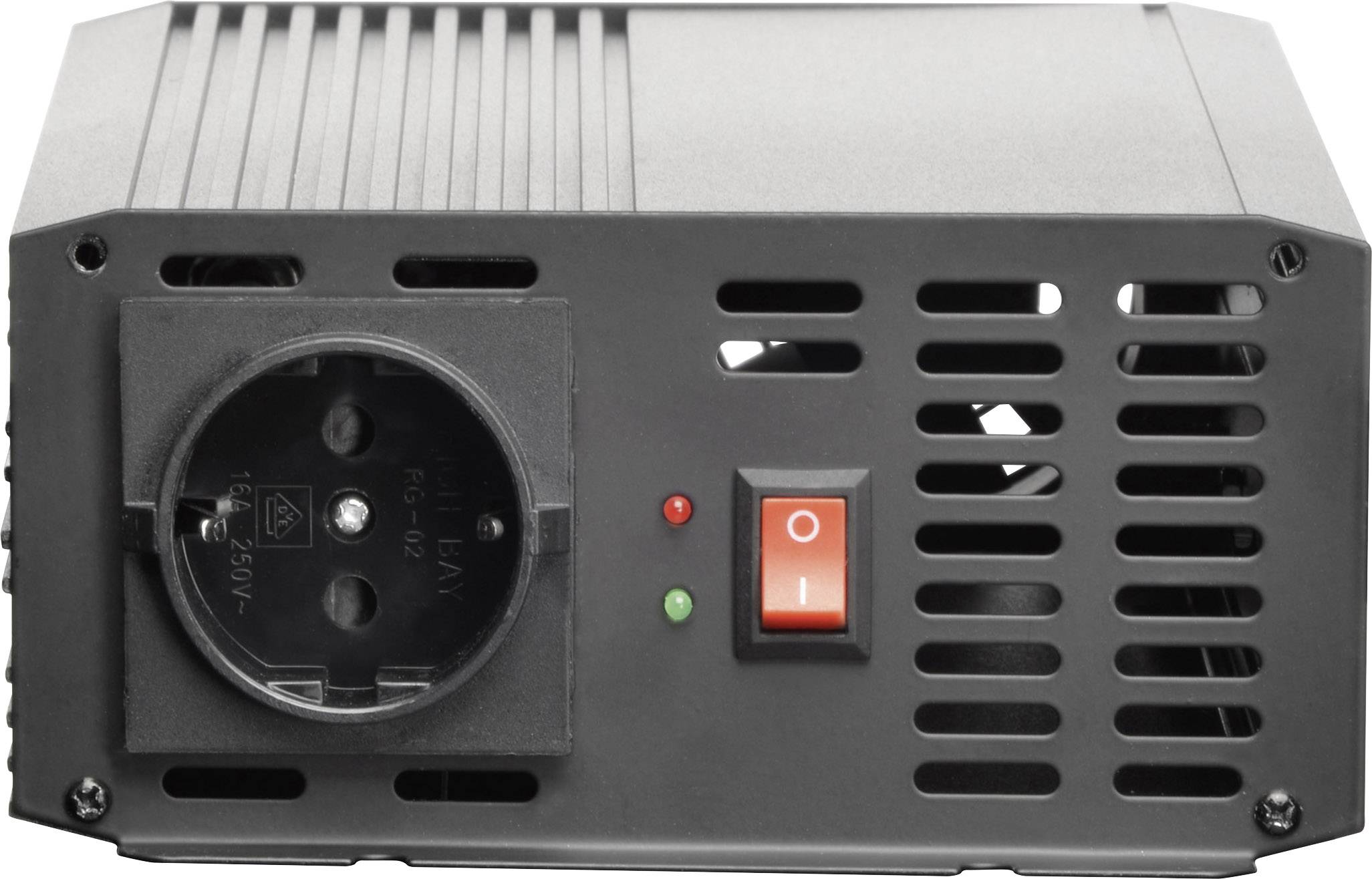 Appareil électrique noir avec une prise électrique à gauche, deux voyants LED (rouge et vert) et un interrupteur marche/arrêt rouge à droite.