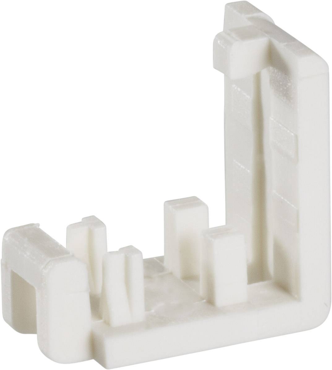 Un angle en plastique blanc avec des cavités cachées et des renforts internes, probablement destiné à la fixation ou au support de structures.