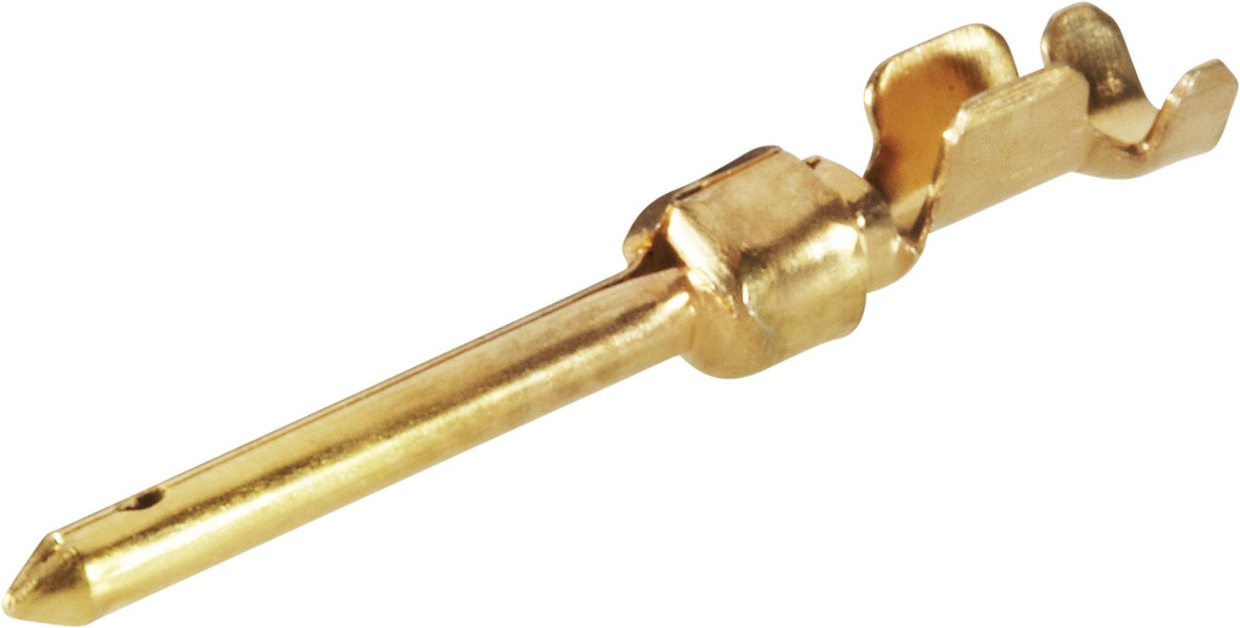 Une petite pince de connexion dorée en métal, avec une extrémité courbée, couramment utilisée dans les connecteurs électriques.