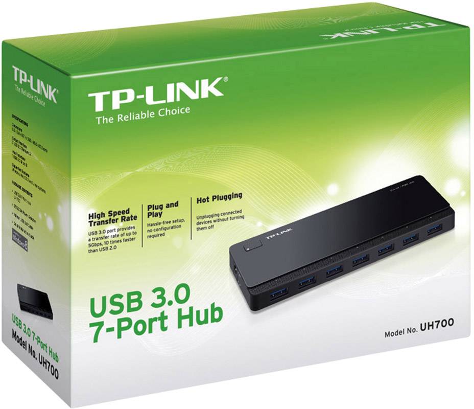 L'emballage du Hub USB 3.0 7 ports de TP-LINK présente un appareil noir élégant avec sept ports. Il met en avant des caractéristiques principales telles que le 'Transfert à Haute Vitesse' et le 'Plug and Play'.