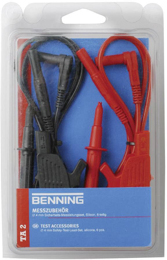 Ensemble d'accessoires de mesure dans son emballage : cordons de mesure noirs et rouges en silicone, de 4 mm chacun. Inscription : 'BENNING', 'TA 2'.