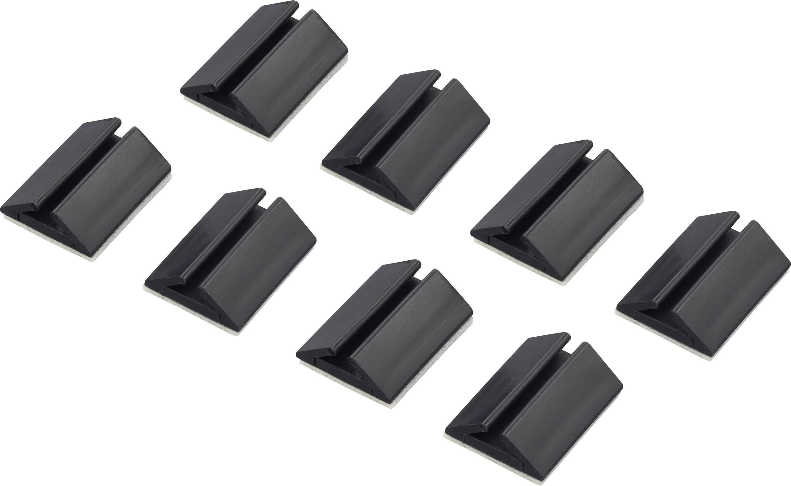 Huit clips de câble en plastique noir disposés en diagonale, adaptés pour fixer ou organiser des câbles sur des surfaces.