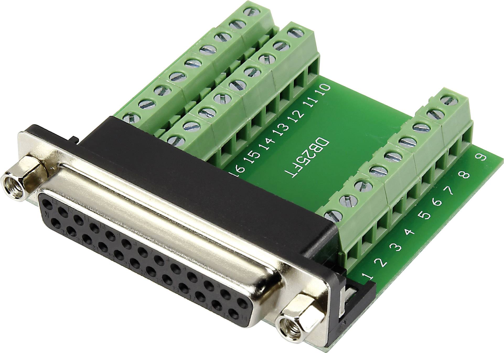Une platine de connecteur DB25 avec bornes à vis, utilisée pour connecter des fils et des câbles à un port parallèle d'ordinateur.
