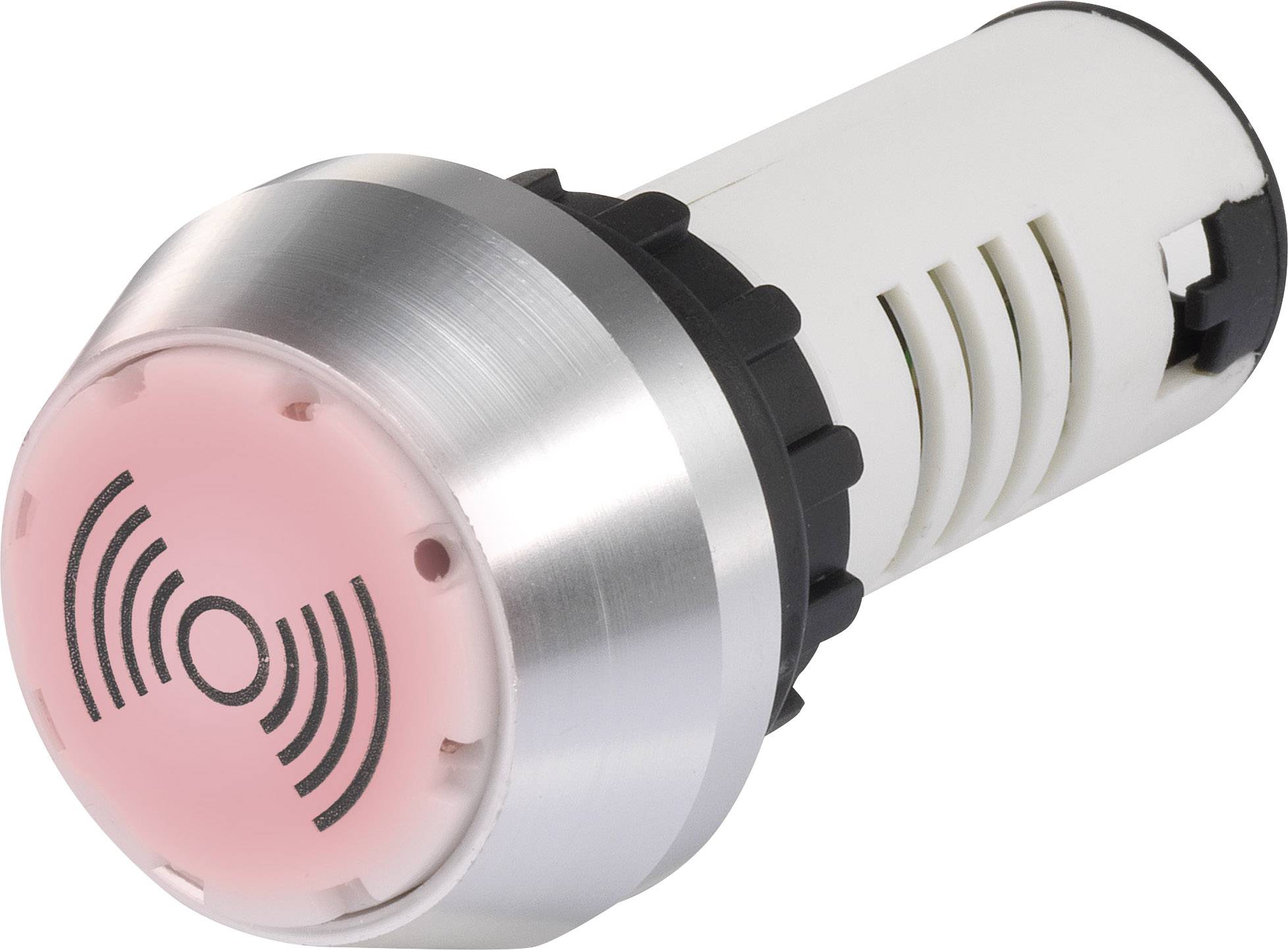 Un appareil cylindrique argenté avec un panneau avant rouge illuminé portant des symboles de haut-parleur, probablement un dispositif d'alerte sonore.