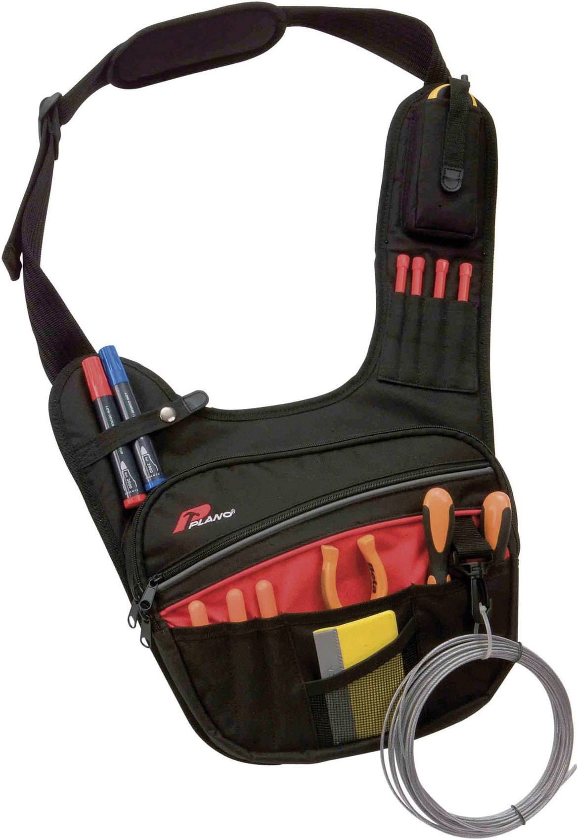 Sac à outils noir pour travaux électriques avec doublure intérieure rouge, plusieurs poches pour outils, bandoulière et tournevis isolés.