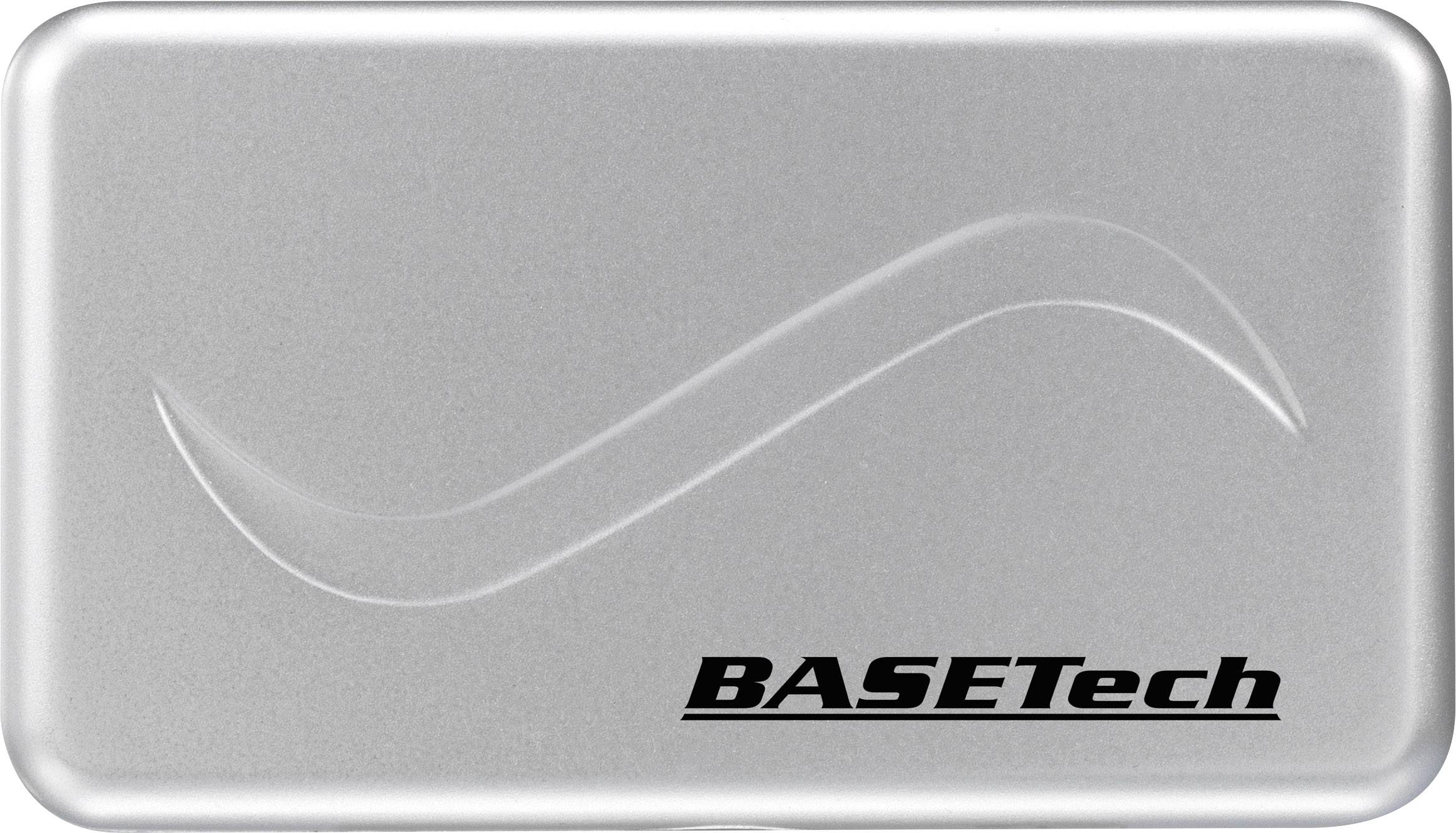 Boîtier de disque dur argenté avec le logo BASEtech en bas à droite, et une ligne courbe sur la surface comme élément de design.
