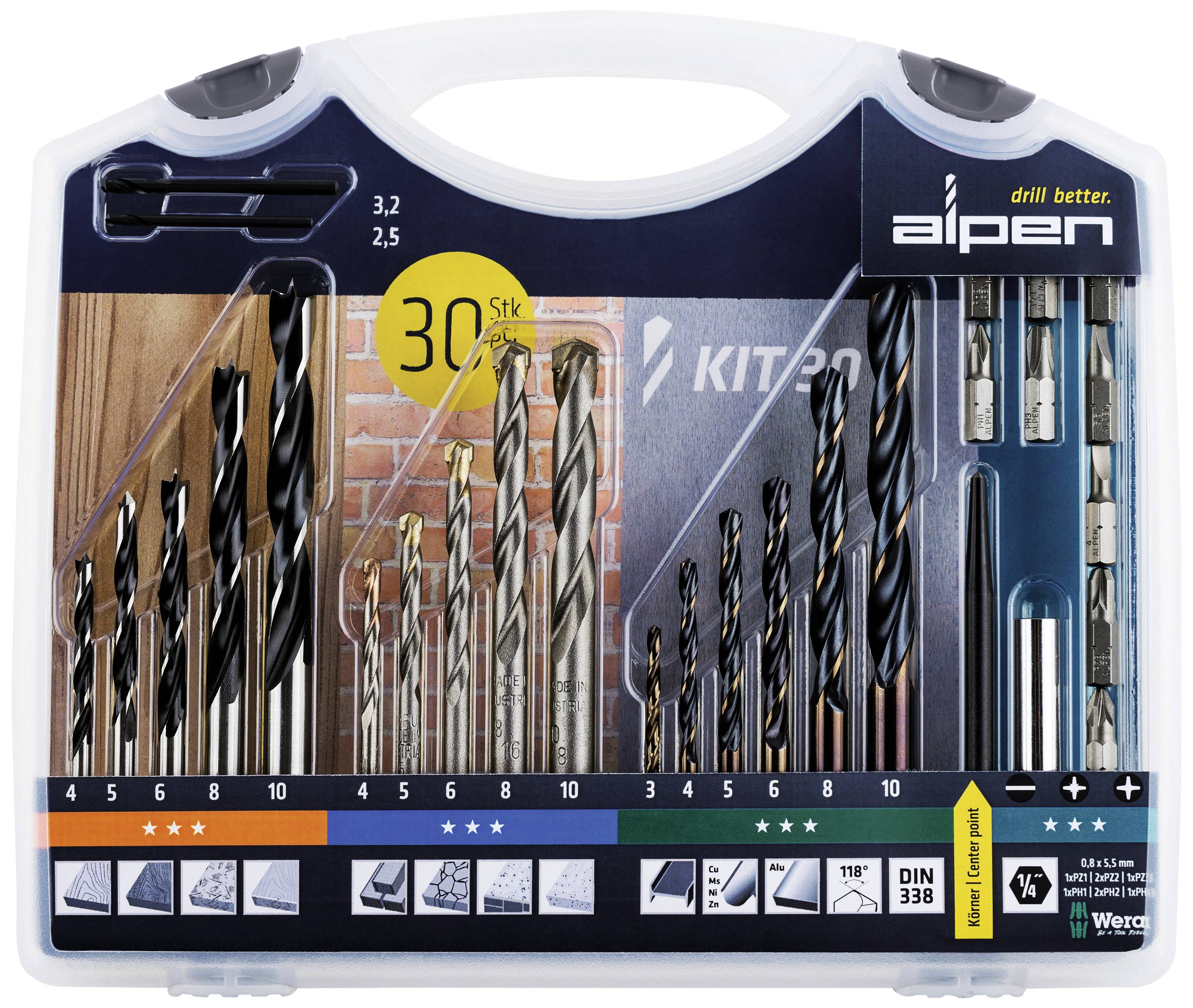 Coffret de forets, comprenant 30 pièces de différentes tailles et configurations, avec logo du fabricant et exemples d'applications.