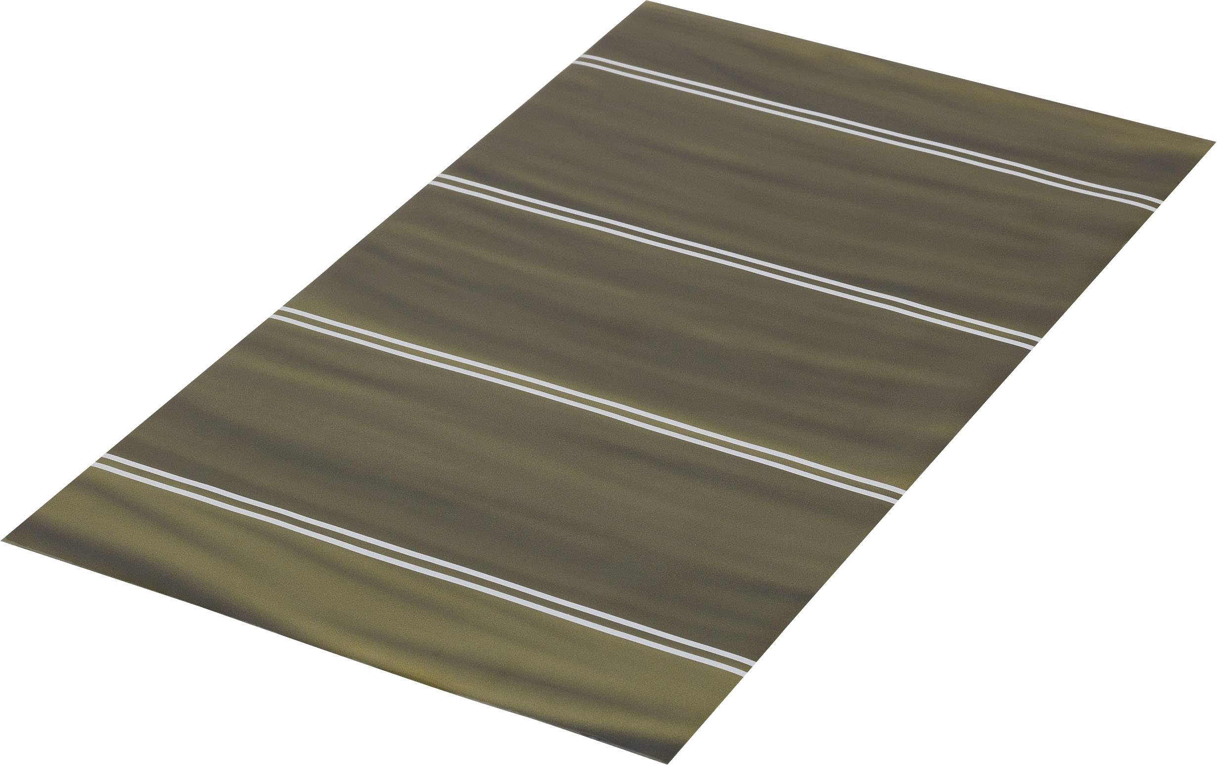 Un tapis marron avec des rayures blanches est posé à plat sur le sol.