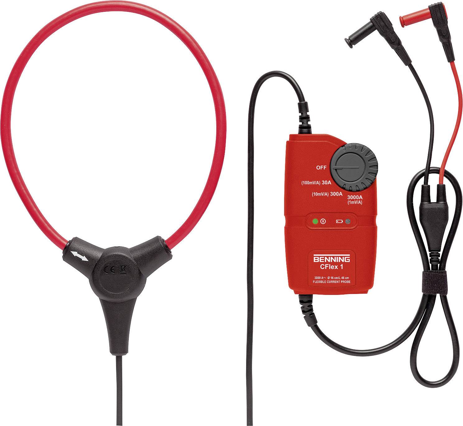 L'image montre une pince ampèremétrique rouge flexible avec un dispositif d'affichage numérique. Elle est utilisée pour mesurer les courants électriques sans contact.