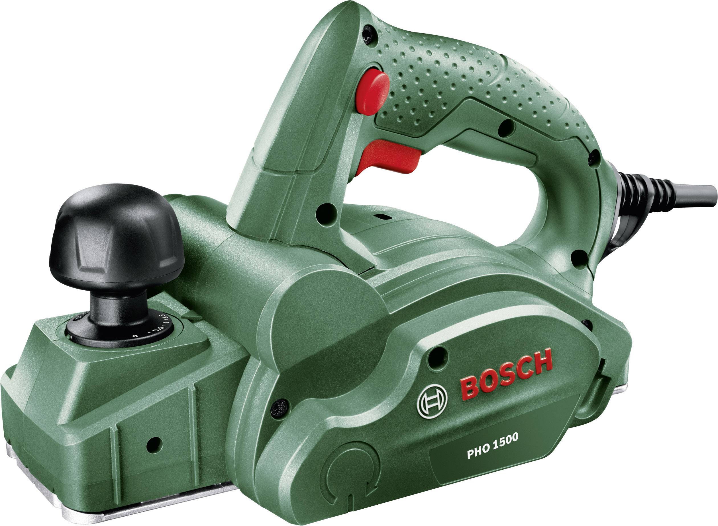 Rabot électrique vert Bosch avec logo rouge et la désignation de modèle 'PHO 1500', adapté pour lisser les surfaces en bois.