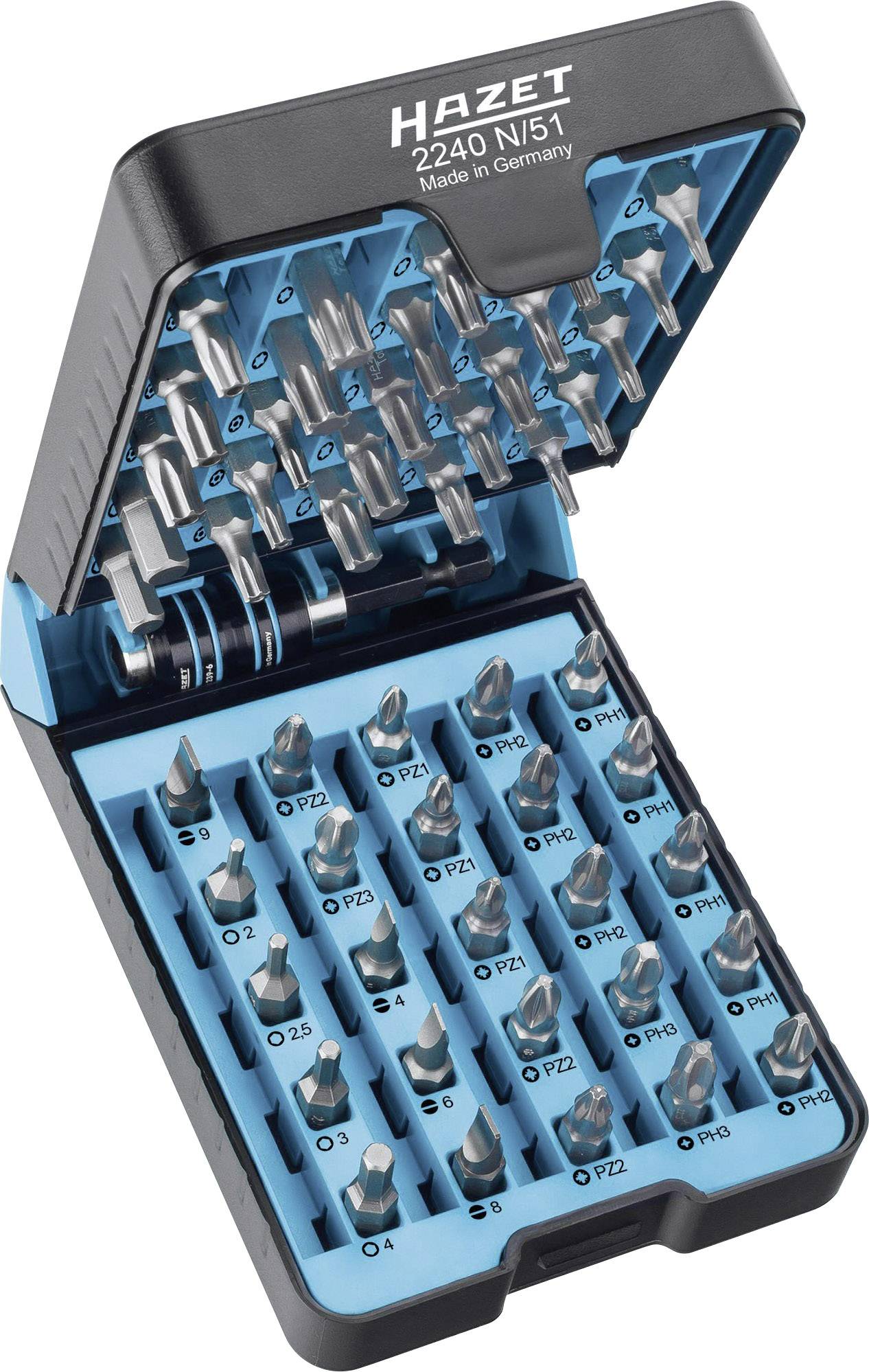 Un ensemble de embouts de tournevis ouvert dans un étui, portant l'inscription 'Hazet 2240 N/51 Made in Germany'. Contient différentes tailles de bits.