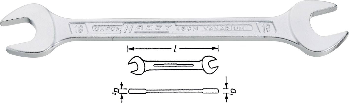 Une clé à double fourche en chrome-vanadium de 18 mm. En dessous, un dessin technique de la clé.