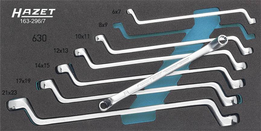 Ensemble d'outils comprenant huit clés mixtes à fourche coudées de différentes tailles, allant de 6x7 à 21x23 mm, avec le logo Hazet en haut à gauche.