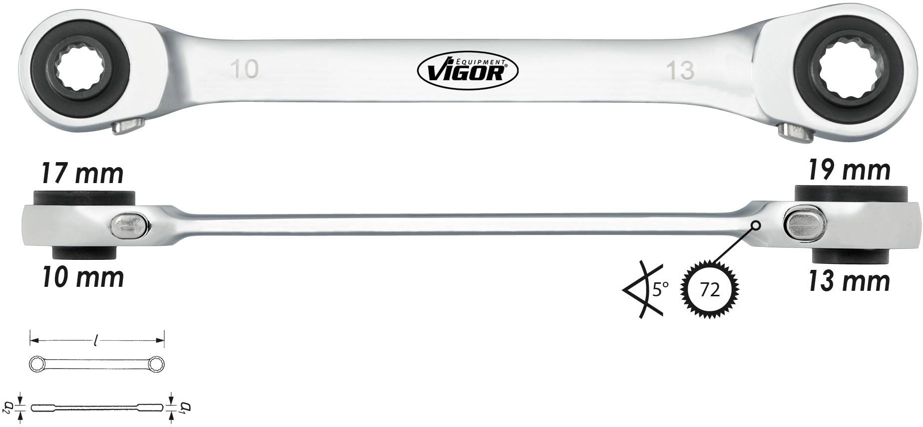 Vigor V2705 Jeu de clés à cliquet annulaires doubles Ouverture de clé (métrique) 10 - 19 mm