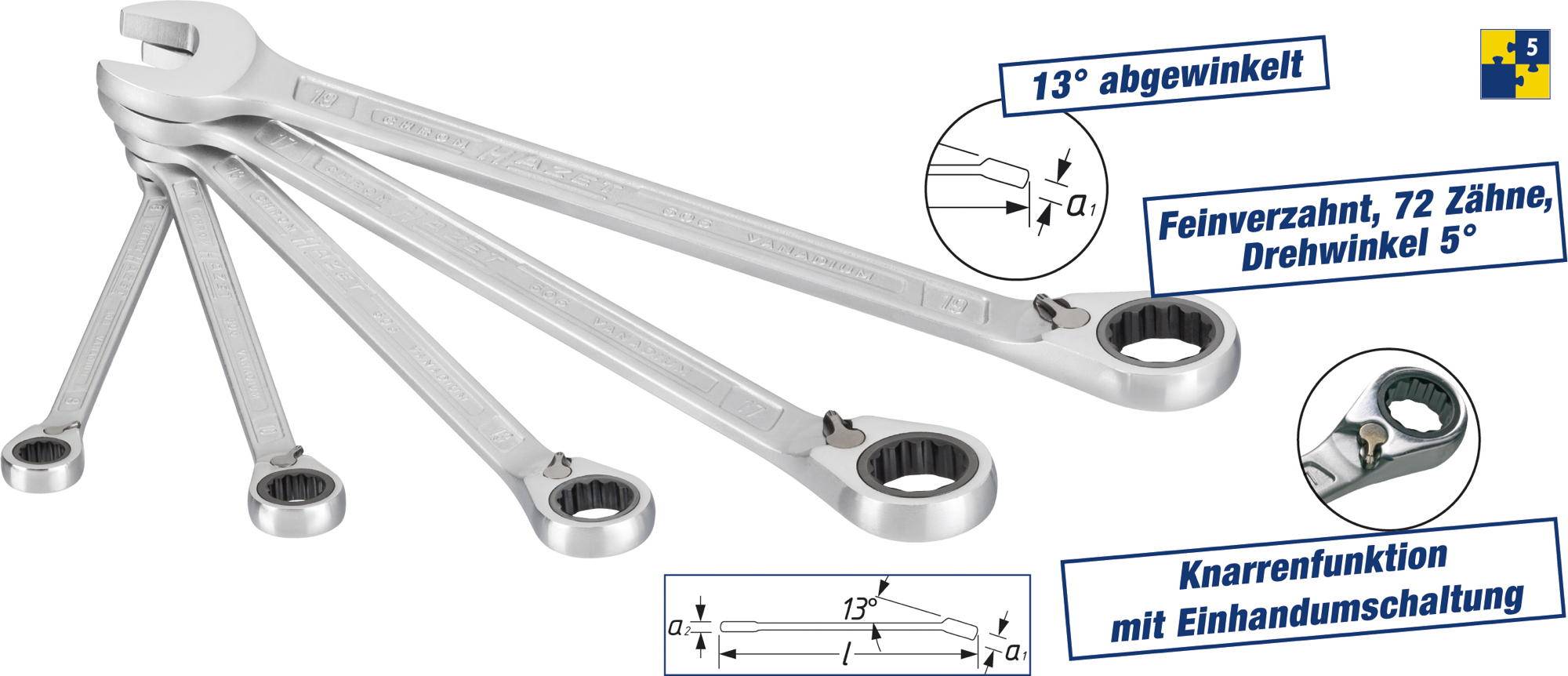 Cinq clés à cliquet d'angle. Texte : '13° d'angle', 'Denture fine, 72 dents, angle de rotation 5°', 'Fonction de cliquet avec commutation d'une main'.