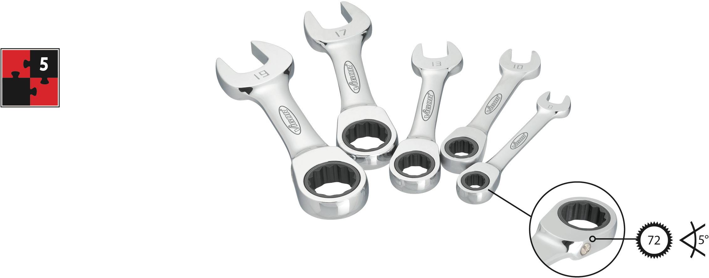 Vigor V2815 Jeu de clés mixtes à cliquet 5 pièces 8 - 19 mm