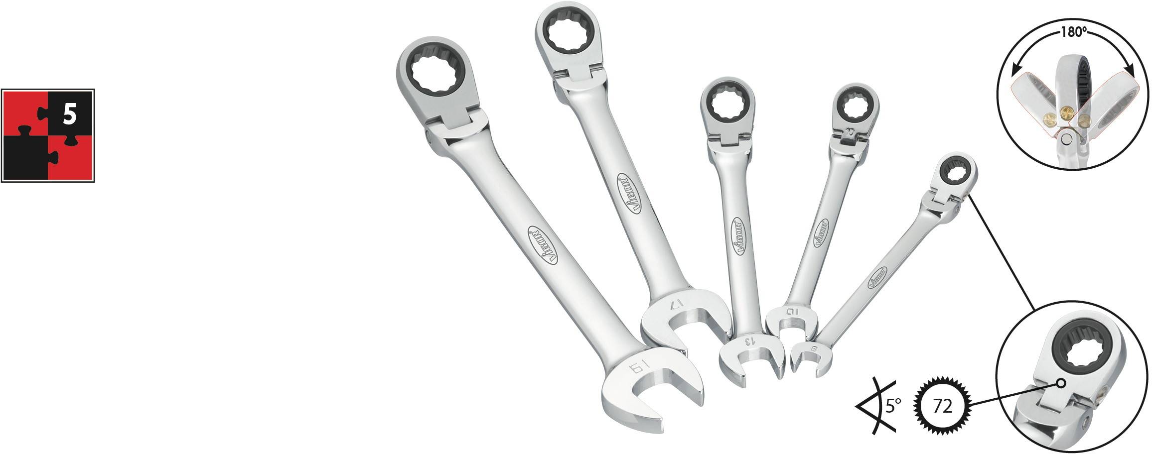 Vigor V2819 Jeu de clés mixtes à cliquet 5 pièces 8 - 19 mm