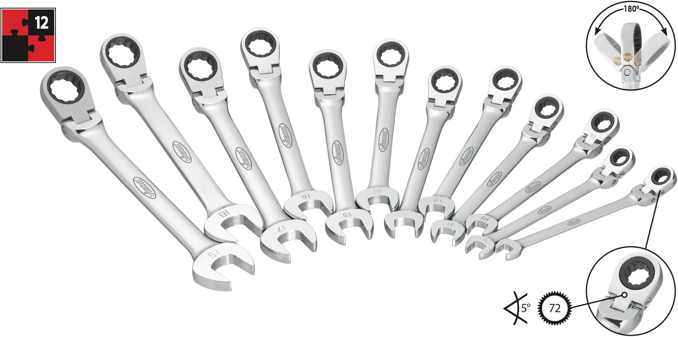 Vigor V2818 Jeu de clés mixtes à cliquet 12 pièces Ouverture de clé (métrique) 8 - 19 mm