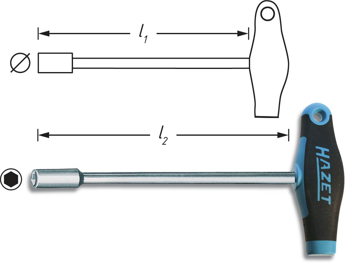 Clé à té avec tête hexagonale arrondie et tige longue. Le diagramme montre les dimensions l1 et l2. Marque : Hazet.