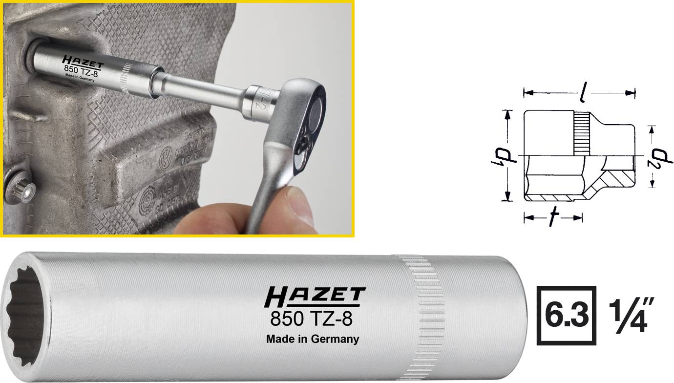 Clé à cliquet de la marque Hazet en cours d'utilisation. Un dessin technique et les spécifications du produit sont visibles à droite.