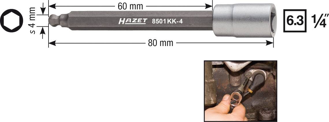 Douille hexagonale Hazet, longueur 80 mm, avec tige hexagonale de 60 mm, largeur de clé 4 mm, entraînement 6,3 mm (1/4 pouce).