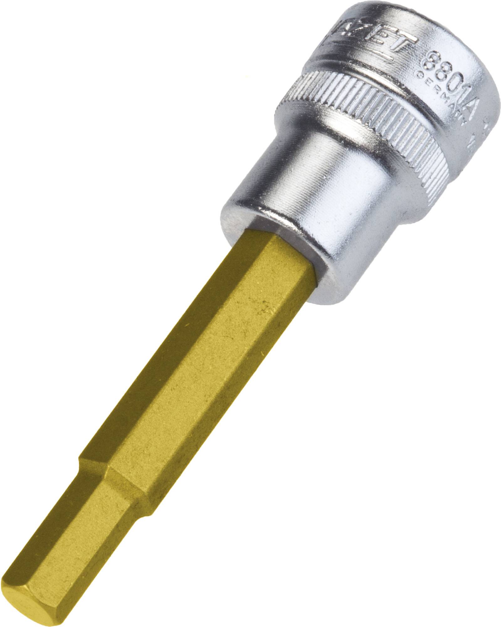 Une clé à molette avec un embout hexagonal doré et une poignée métallique.