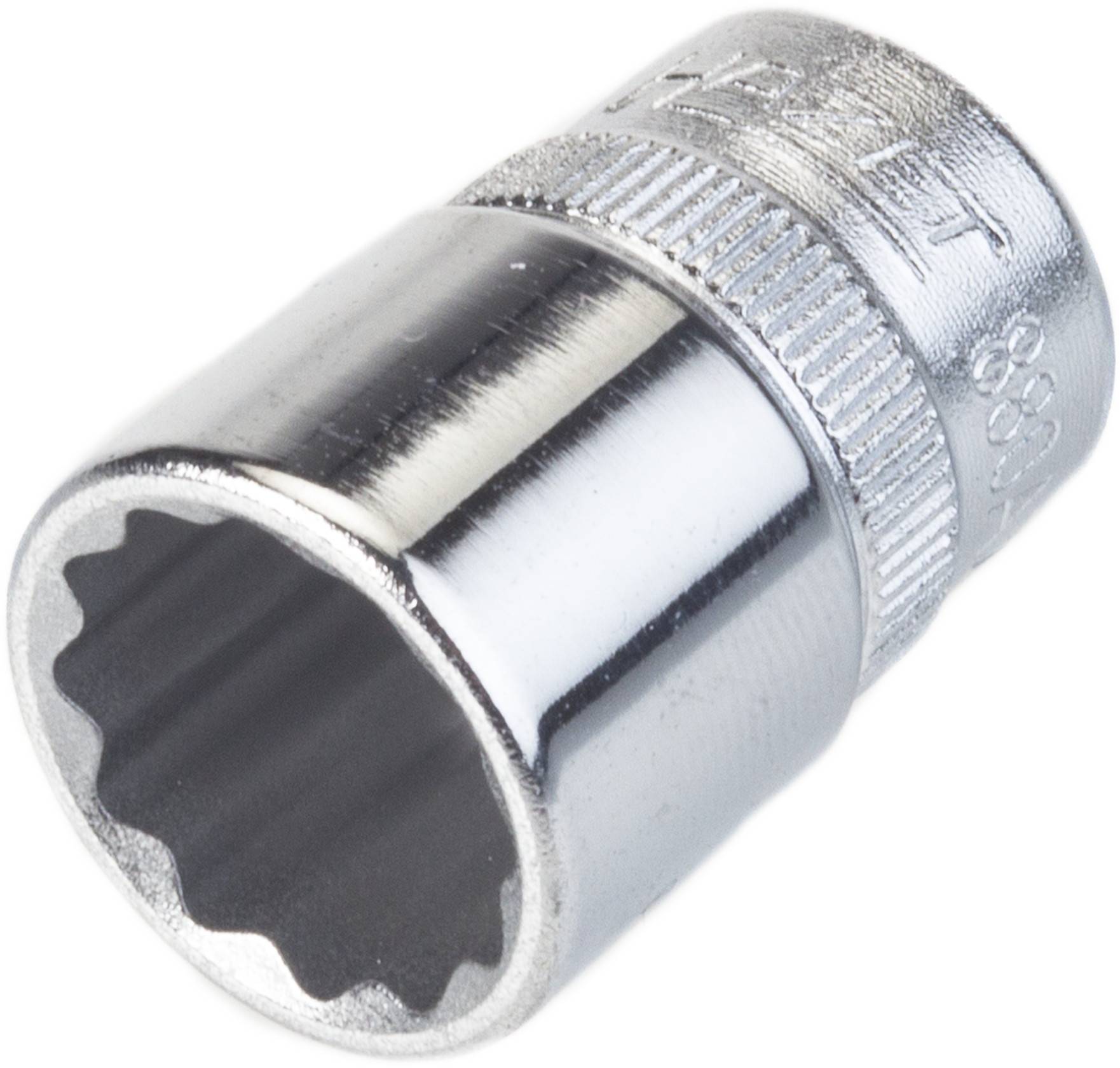 Écrou chromé à profil intérieur hexagonal, adapté pour clés à molette.