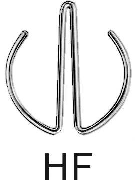 Symbole d'une tête de fourche stylisée au-dessus des lettres « HF ».