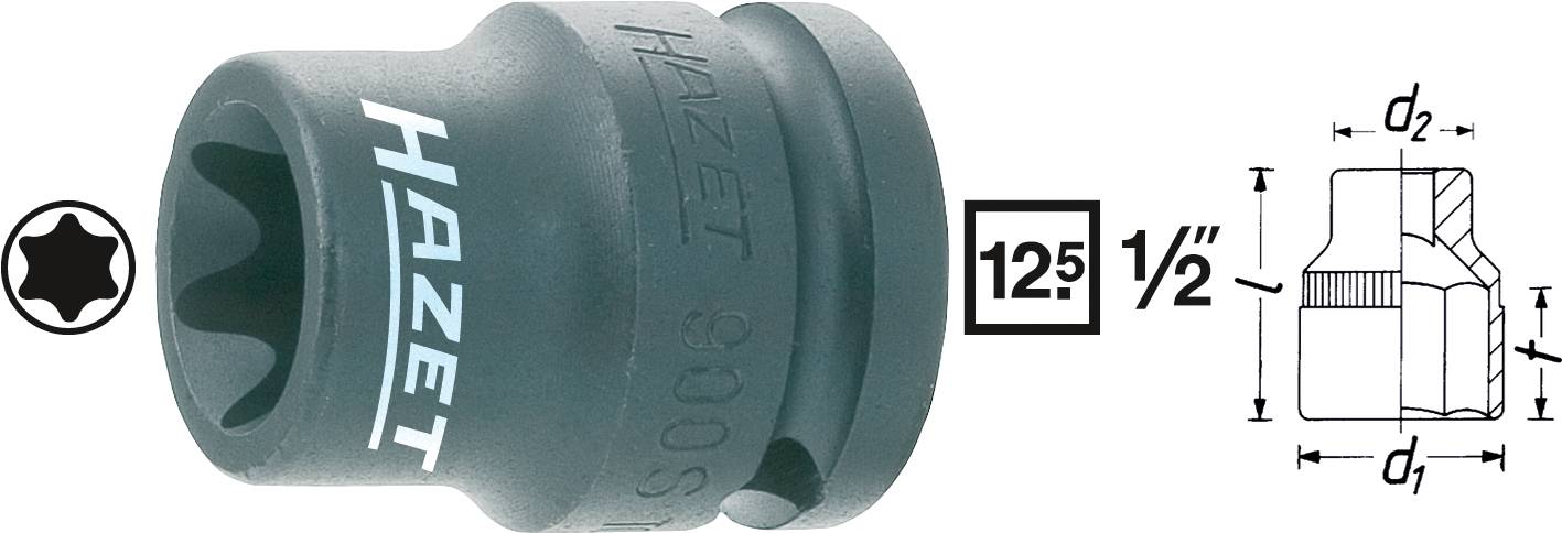 Clé à douille avec schéma de profil : Hot Sommerring désigne la fonction et la taille (1/2 pouce) avec des dimensions géométriques d1, d2 et l.