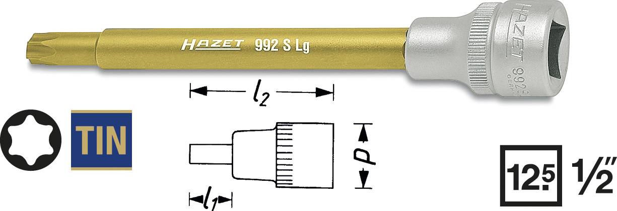 Outil d'insertion de embout Torx en or étain HAZET 992 S Lg avec dimensions et dessin de profil, adapté pour un entraînement de 12,5 mm (1/2