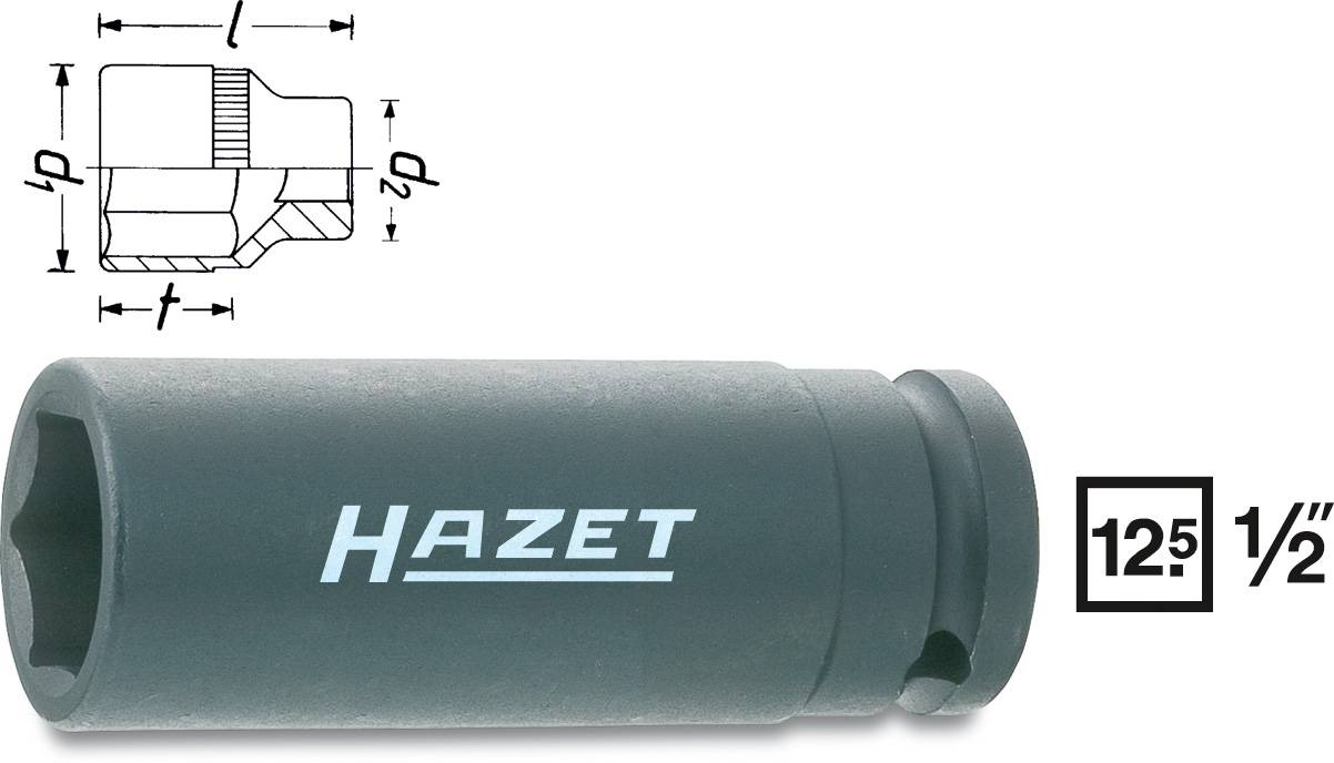 'Rundumprofil121' Noix, taille 1/2 pouce, avec entraînement de 12,5 mm. En haut à gauche : coupe transversale avec dimensions. Marque 'Hazet'.