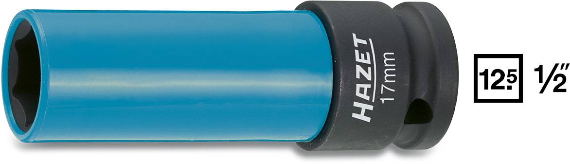 Une douille Hazet bleue de 17 mm avec un entraînement de 1/2 pouce, pour une protection lors du montage de la roue.