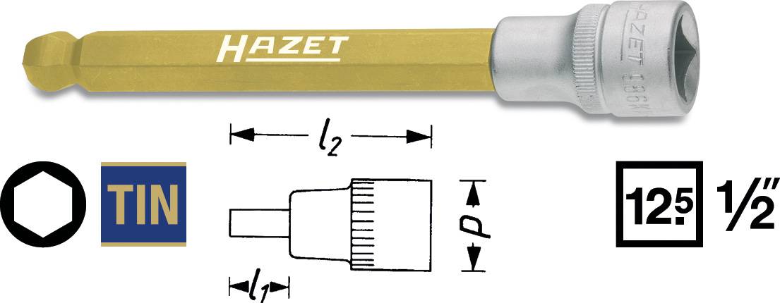 Clé à chocs HAZET TIN, entraînement de 12,5 mm (1/2 pouce), le dessin indique les dimensions pour la longueur et le diamètre.