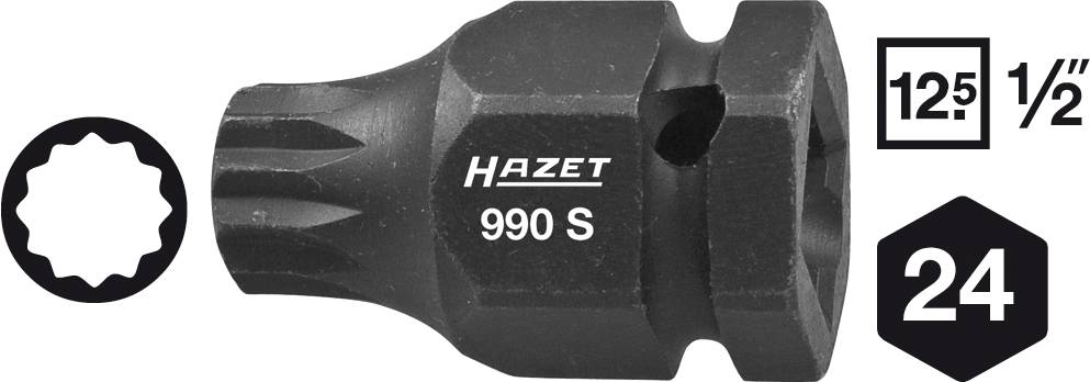 Un embout de clé à chocs noir Hazet portant l'inscription '990 S', avec un carré de drive de 1/2 pouce, de taille 24 mm et de profil dodécagonal.