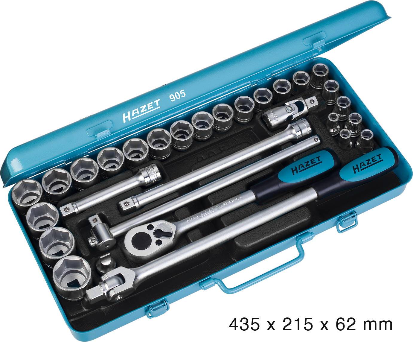 Boîte à outils bleue de Hazet avec différentes clés à douille et rallonges, dimensions : 435 x 215 x 62 mm.