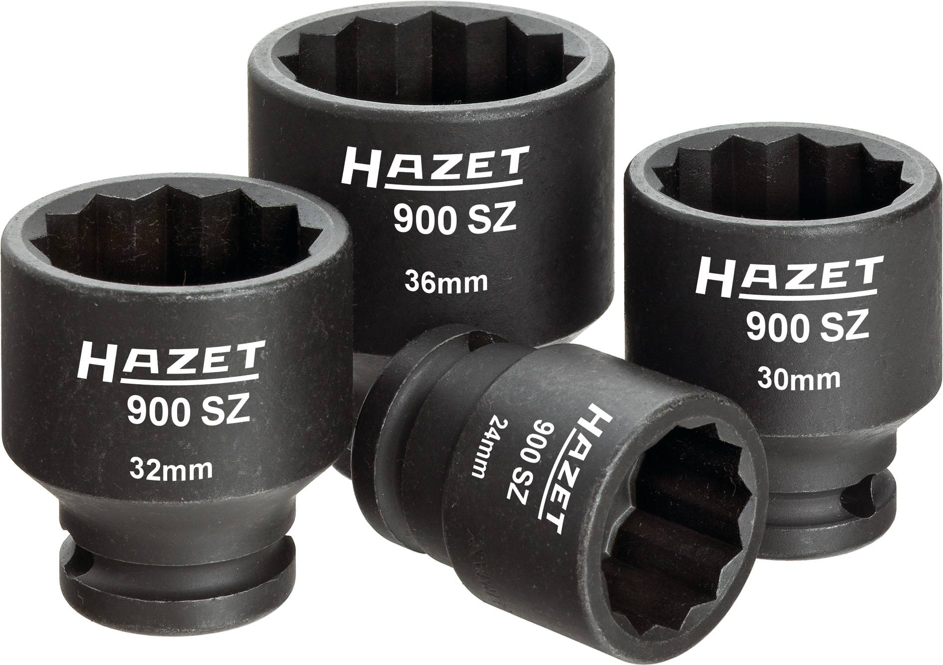 Quatre noix à piger noires de la marque Hazet avec indication des dimensions : 36 mm, 32 mm, 30 mm et 24 mm. Toutes portent l'inscription '900 SZ'.