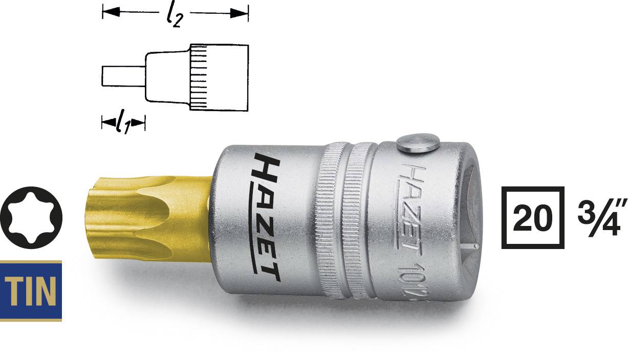Embout à douille pour écrou à ergots HAZET avec profil revêtu de TIN, adapté pour vis Torx. Dimensions : 20 mm, 3/4 pouce.
