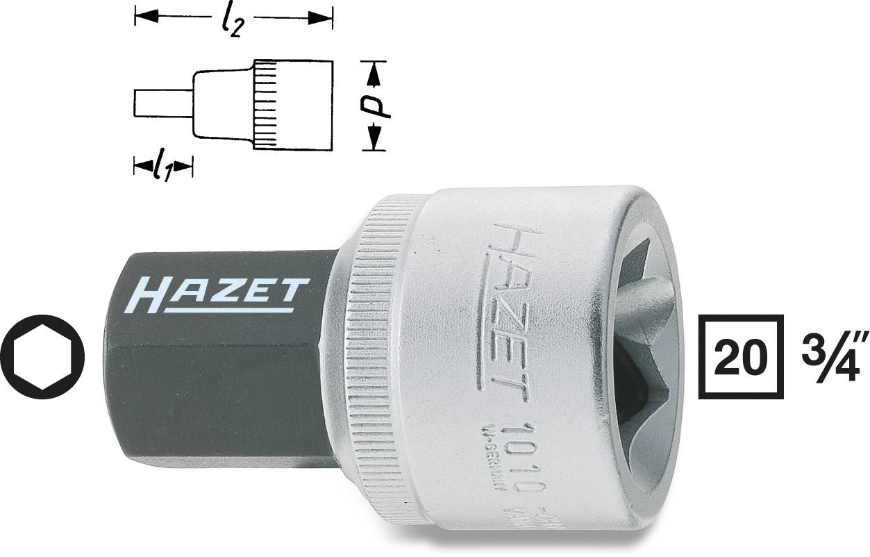 Outil pour écrous à clip avec prise hexagonale, marquage 'HAZET'. Indique les dimensions de diamètre et de profondeur. Utilisé dans les travaux mécaniques.