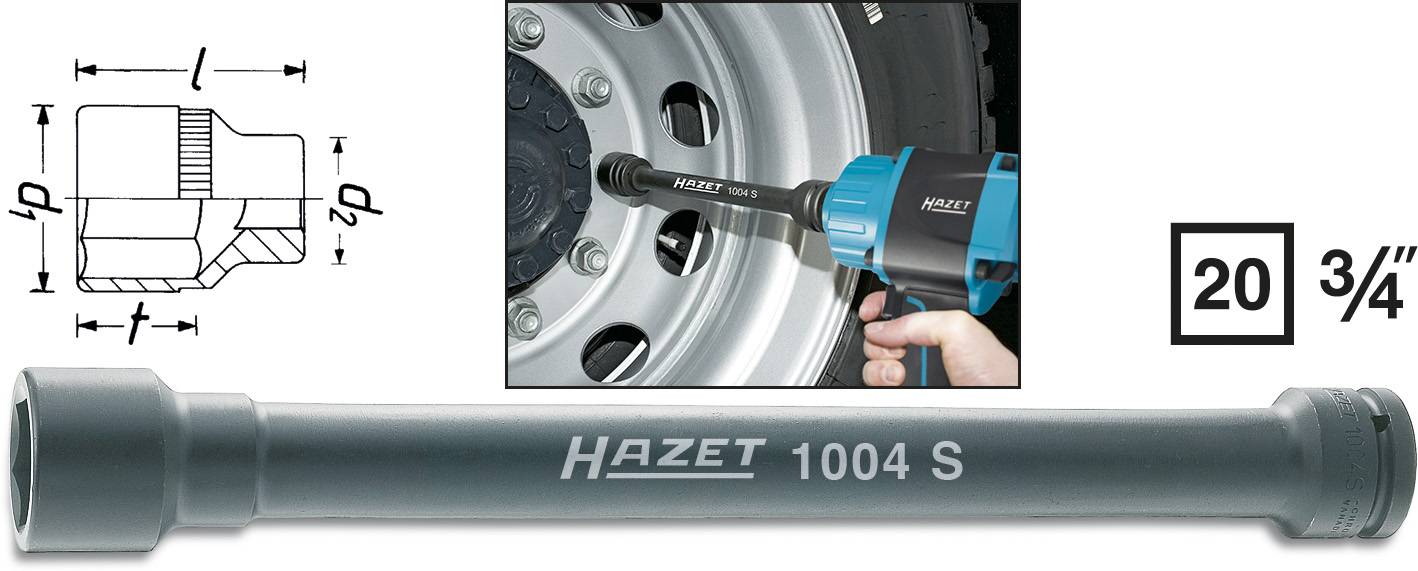 Clé à douille Ein Hazet 1004 S, illustrée lors de son utilisation pour serrer un écrou de roue. Le diagramme présente les détails dimensionnels.