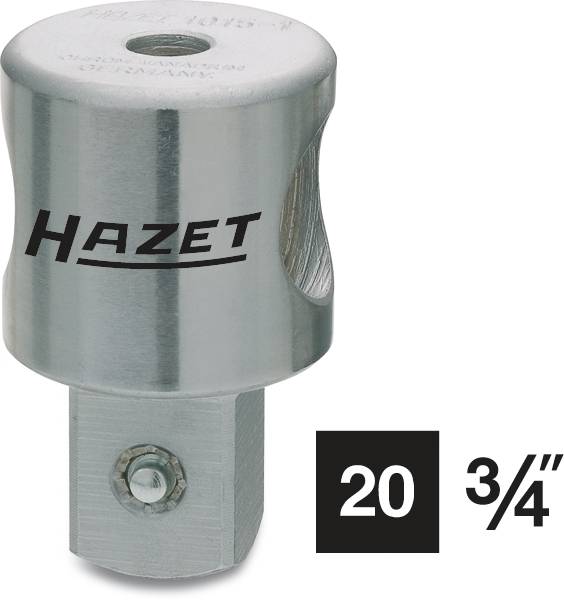 Un adaptateur argenté de la marque Hazet avec un système d'emboîtement carré. Inscription : « 20 3/4