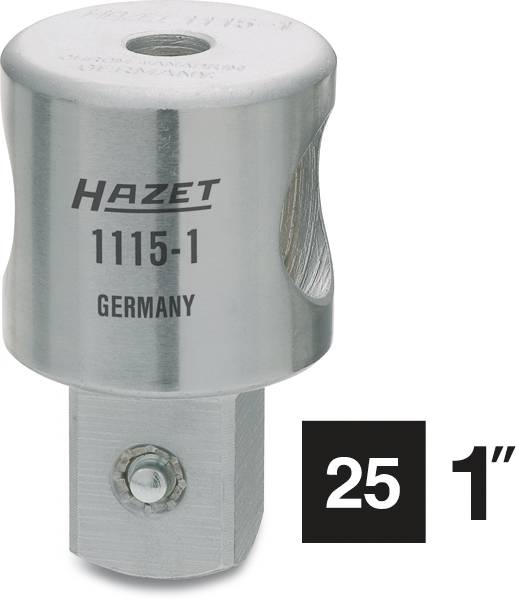 Adaptateur métallique portant l'inscription 'Hazet 1115-1 Germany'. Taille indiquée de 25 mm et 1 pouce.