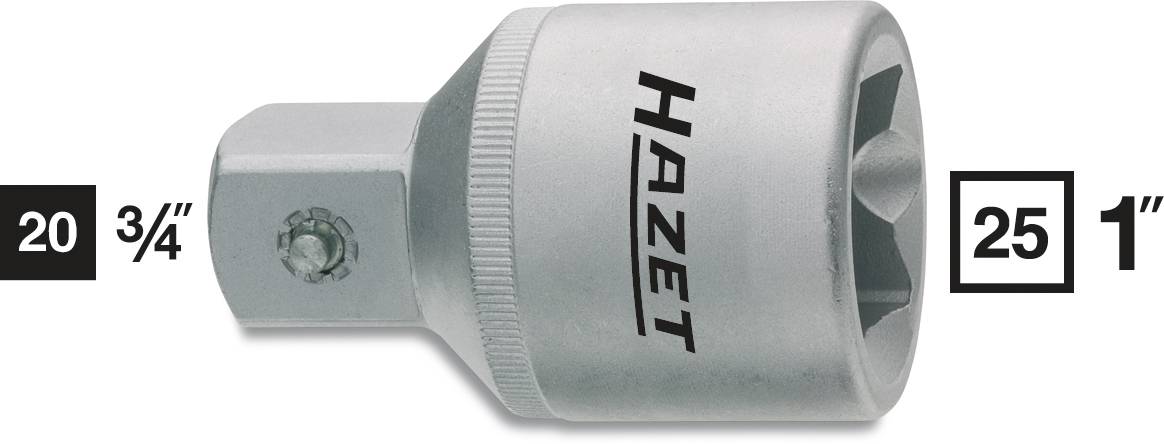 Adaptateur HAZET, taille 3/4 pouce à 1 pouce, métal argenté, marqué latéralement avec le logo.