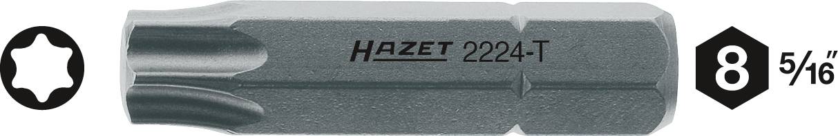 Embout à cliquet portant l'inscription 'HAZET 2224-T', profil Torx et indication de taille '8 5/16'. Connecteur en version métallique pour montage par vis.