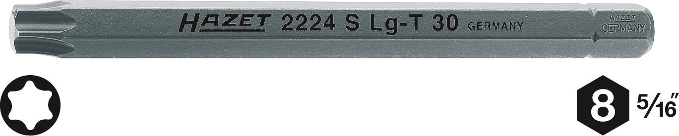 Outil avec embout Torx à six pans, portant l'inscription 'HAZET 2224 S Lg-T 30 GERMANY', en métal, pour vis à tête Torx-8.