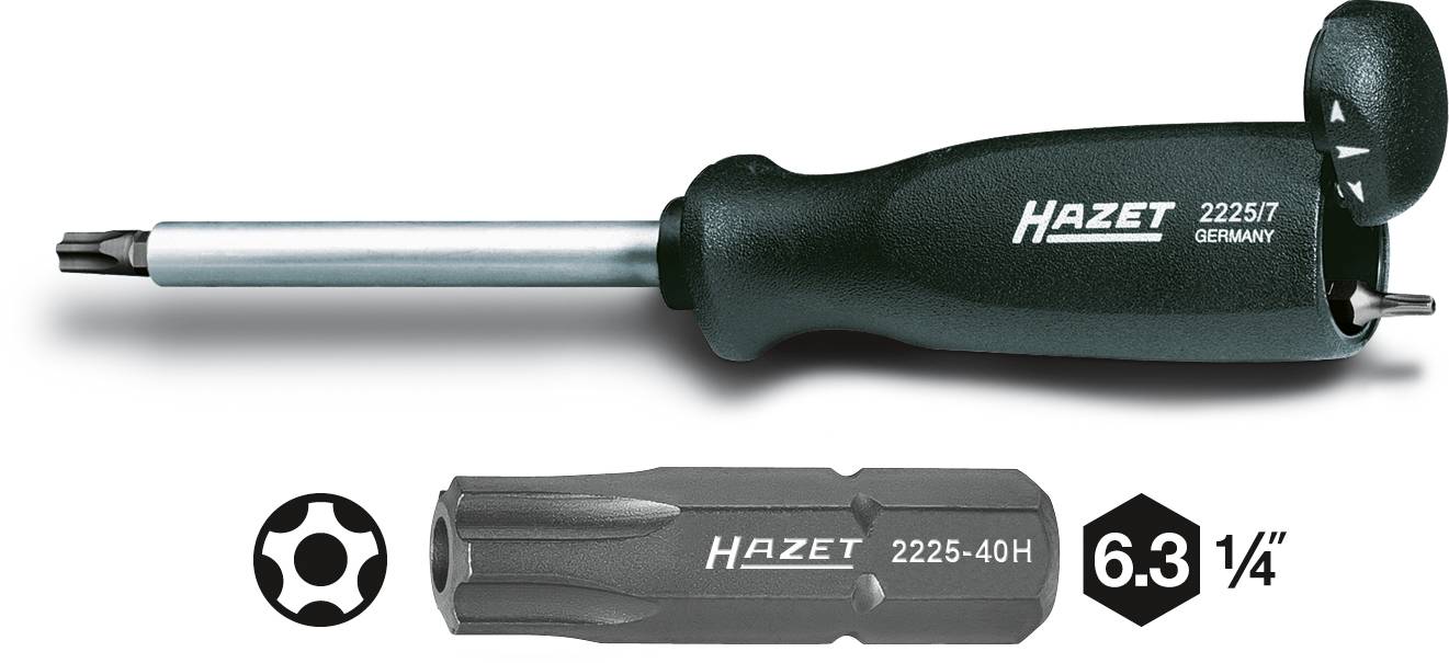 Tournevis à main avec embout hexagonal et inscription 'HAZET 2225/7 GERMANY', adapté pour vis Torx de 6,3 mm (1/4 pouce).