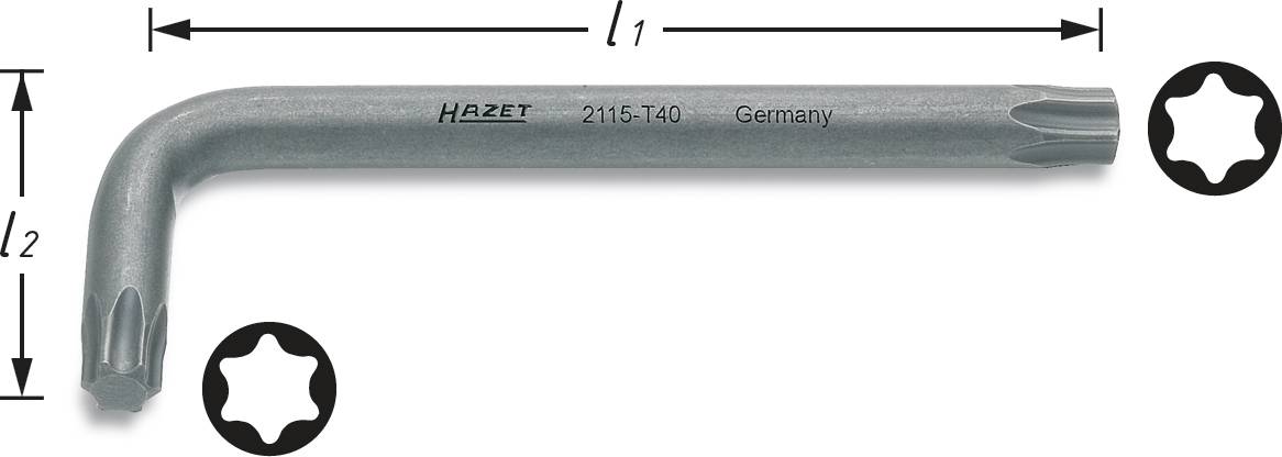 Clé Torx en L avec marquage 'Hazet 2115-T40 Germany', munie de dimensions l1 et l2 et de bouts à profil étoilé.