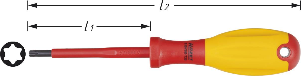 Un tournevis à poignée isolée, avec un profil étoilé à l'extrémité. Deux lignes de mesure 'l1' et 'l2' indiquent différentes longueurs.
