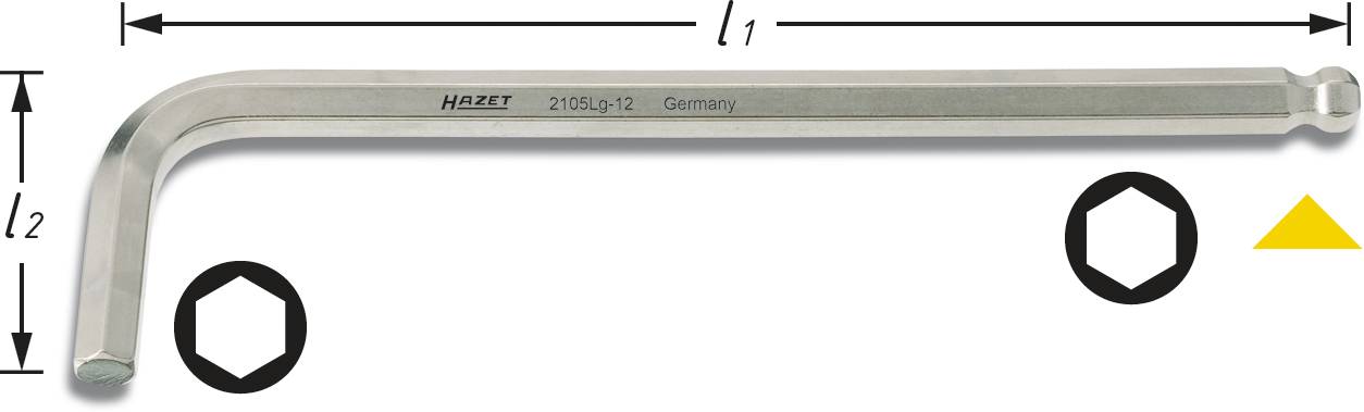 Clé Allen à tête sphérique, couleur argent, portant la mention 'Hazet 2105p-12 Germany'. Les dimensions l1 et l2 sont indiquées.