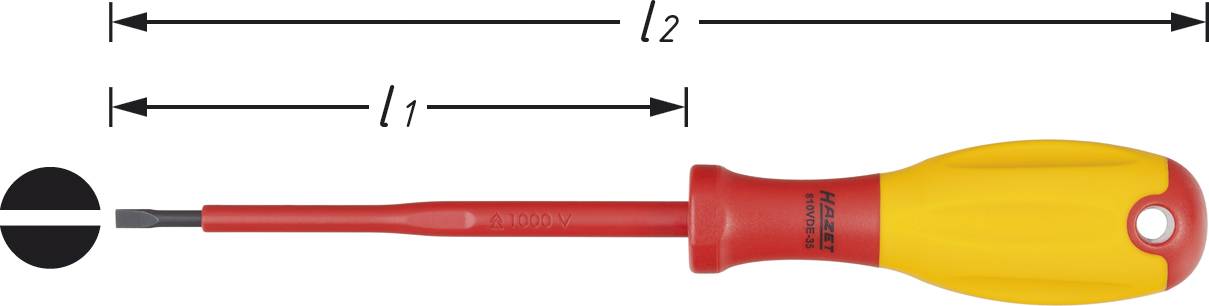 Un tournevis à fente jaune et rouge avec manche isolé, important pour la sécurité électrique. Marquages pour la longueur l1 et l2.