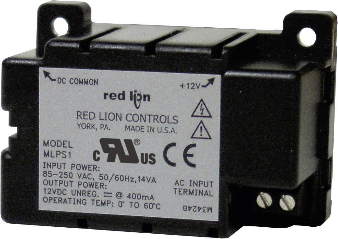 Convertisseur de tension 'Red Lion Controls', modèle MLPS1, entrée 85-250 VAC, sortie 12VDC. Utilisé pour les alimentations électriques, température de fonctionnement 0-60°C.